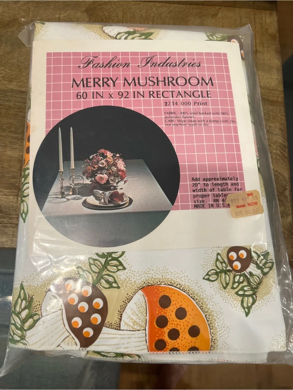 Vintage sears Merry Mushroom Tablecloth - White with Orange & Brown Mushrooms